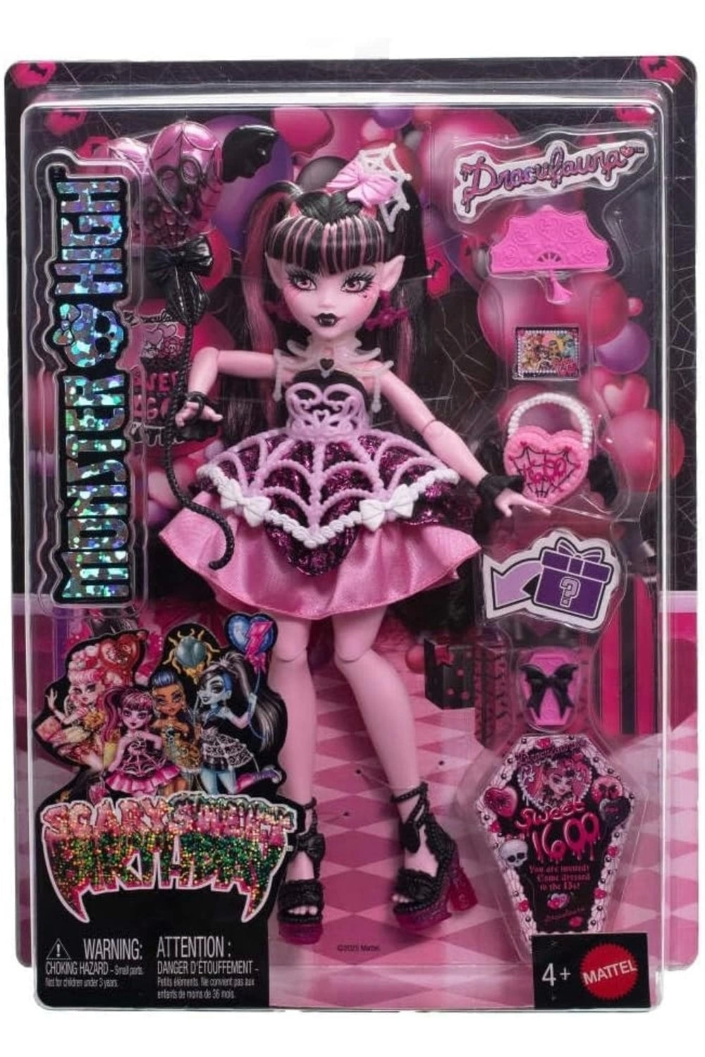 ® DOĞUM GÜNÜ™ DRACULAURA™ Bebek Parti elbiseli ve bir elinde balonla JBG74