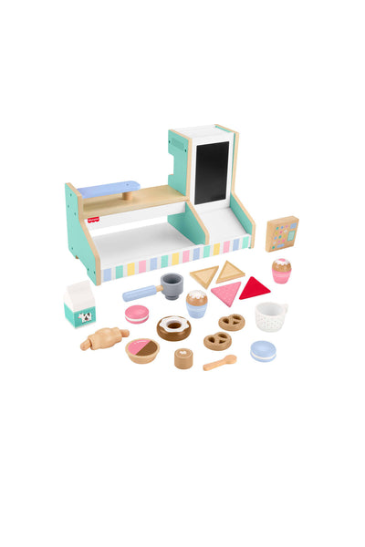 Fisher-Price Ahşap Kafe Seti Okul öncesi çağdaki çocuklar için 20 ahşap parçadan oluşan HXV22