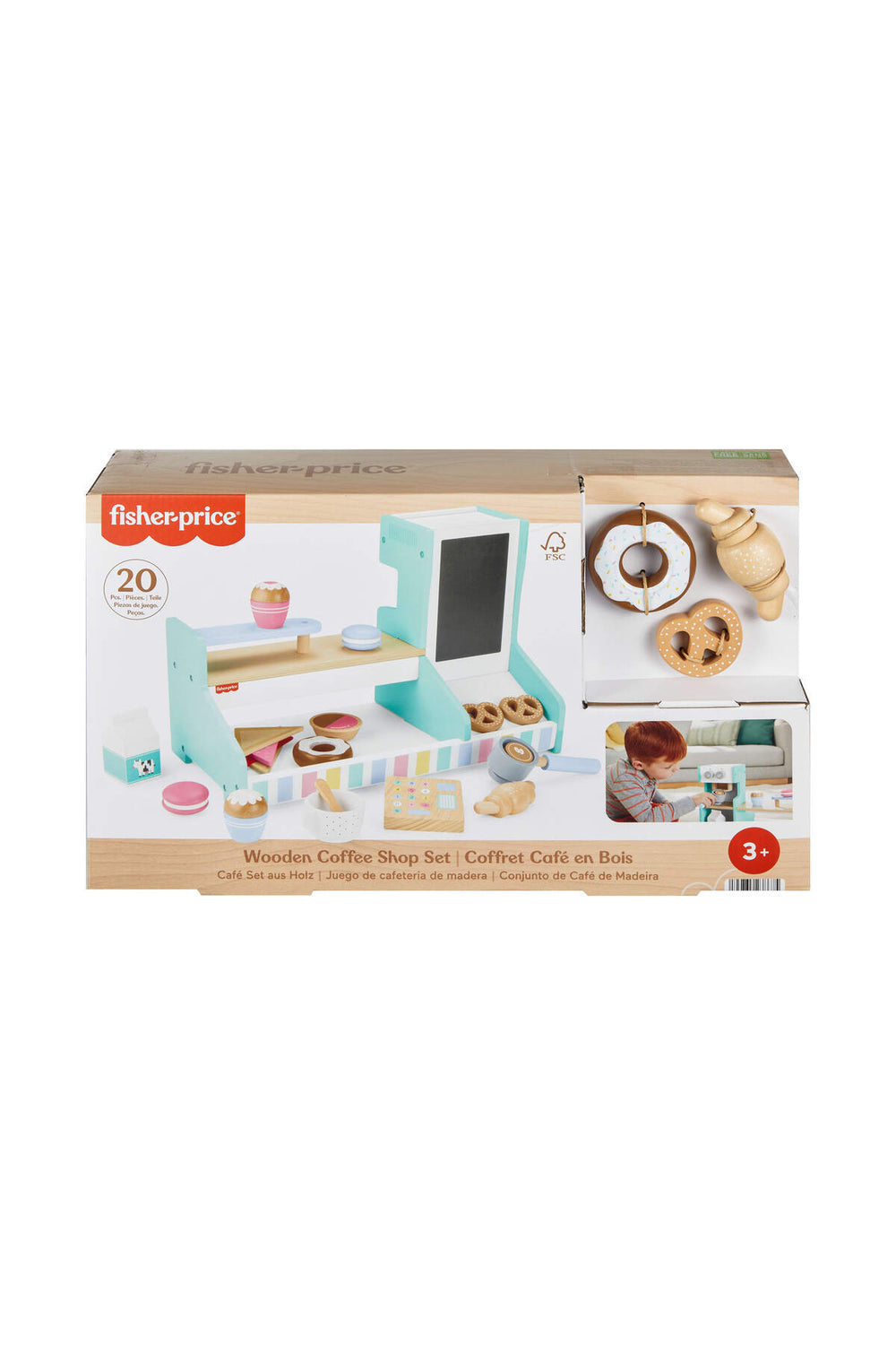 Fisher-Price Ahşap Kafe Seti Okul öncesi çağdaki çocuklar için 20 ahşap parçadan oluşan HXV22