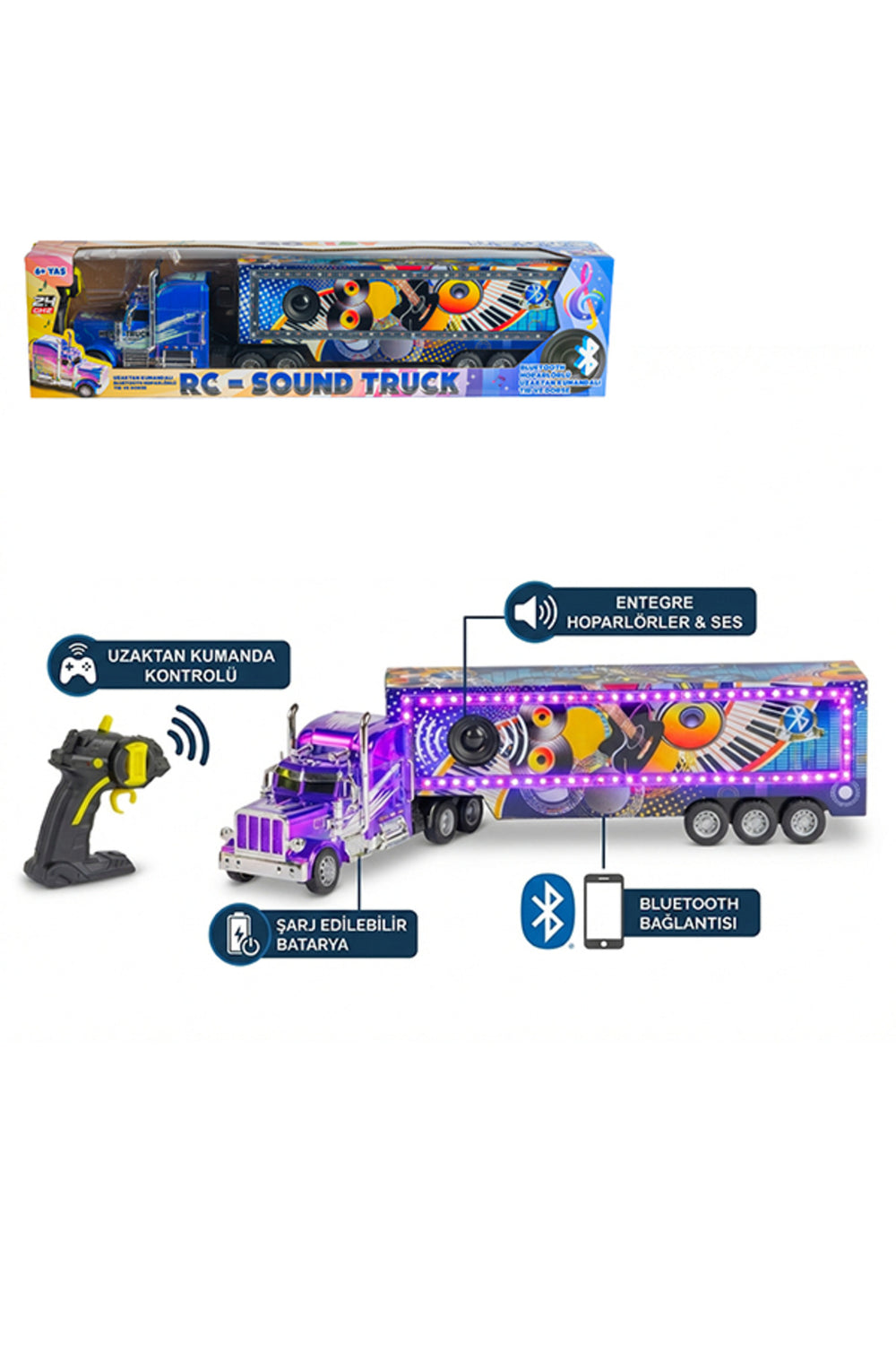 Full Fonksiyon Şarj Edilebilir Işıklı Müzikli Bluetooth'lu RC Sound Truck Uzaktan Kumandalı Tır