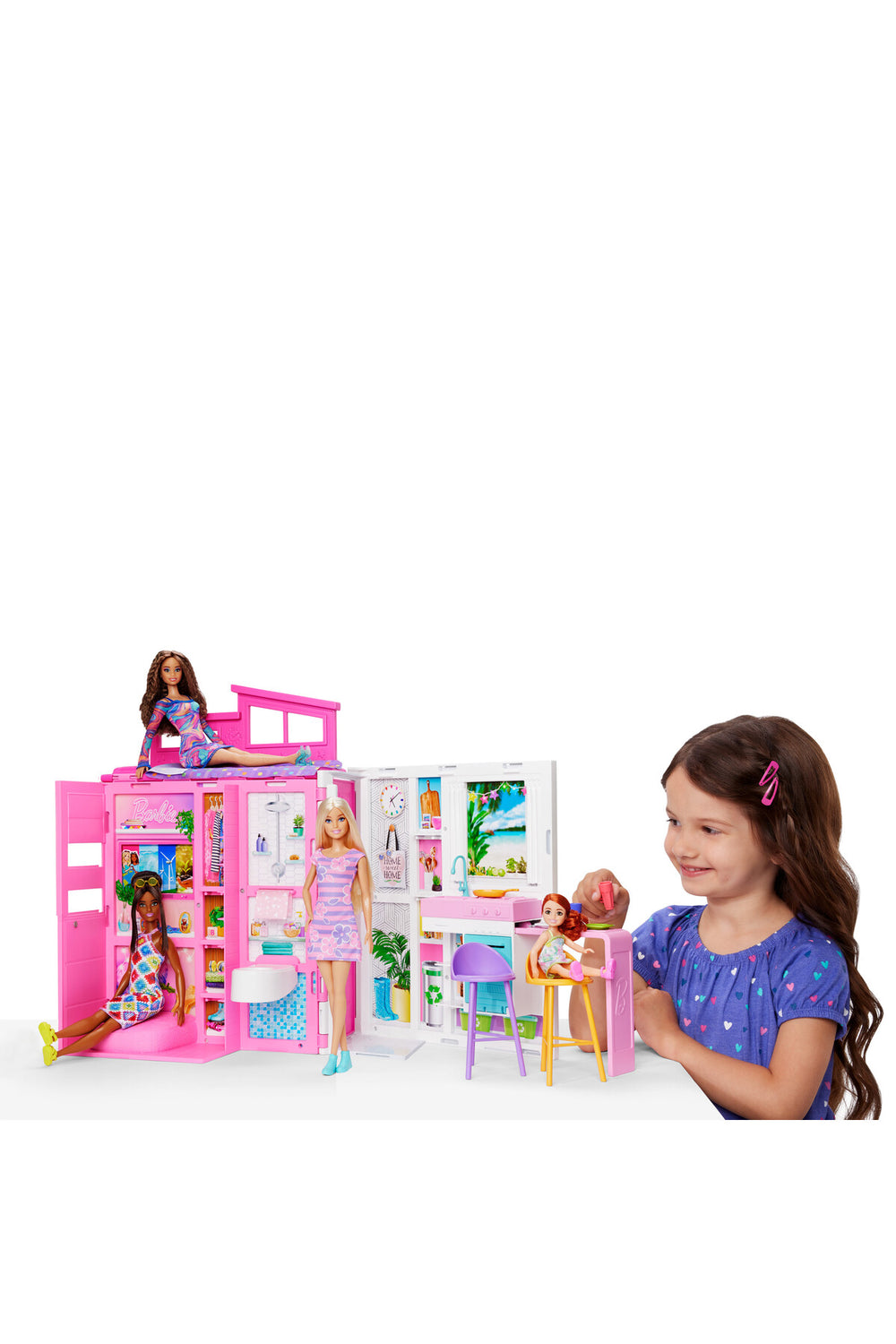 Portatif Tatil Evi™ Bebek ve Oyun Seti, 4 oyun alanı ve 11 dekorasyon aksesuarı HRJ77