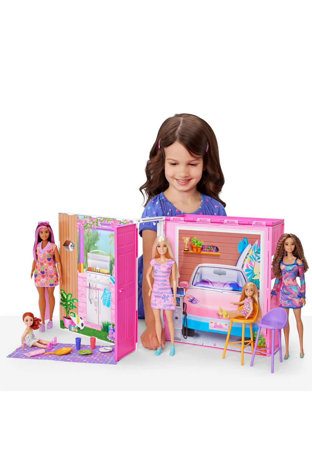 Portatif Tatil Evi™ Bebek ve Oyun Seti, 4 oyun alanı ve 11 dekorasyon aksesuarı HRJ77
