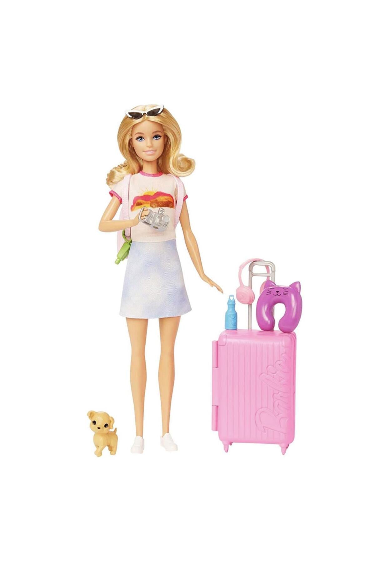 Seyahatte Bebeği ve Aksesuarları Barbie bebek, yavru köpeğiyle seyahat seti HJY18