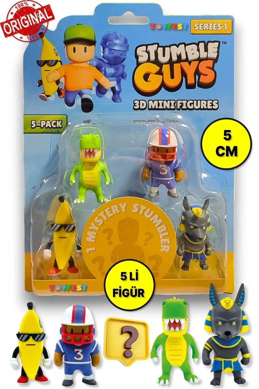 Stumble Guys Seri 1 - 3D Mini 1 i Gizemli olan 5 li Figür Seti - T-rex Quarterback Banana Guy Anubis